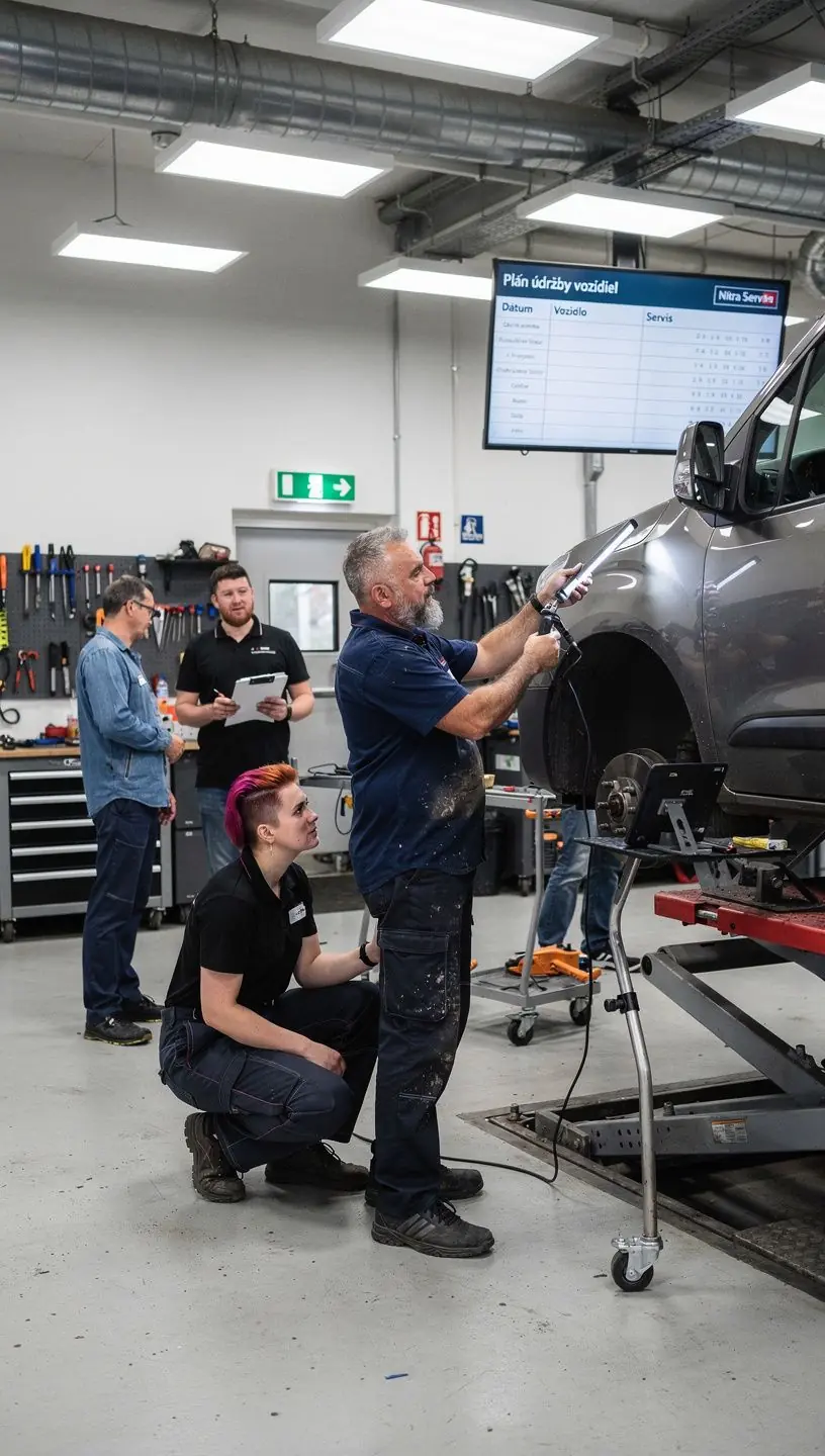 Firemná dodávka stojí v garáži autoservisu pripravená na pravidelnú kontrolu a servis.