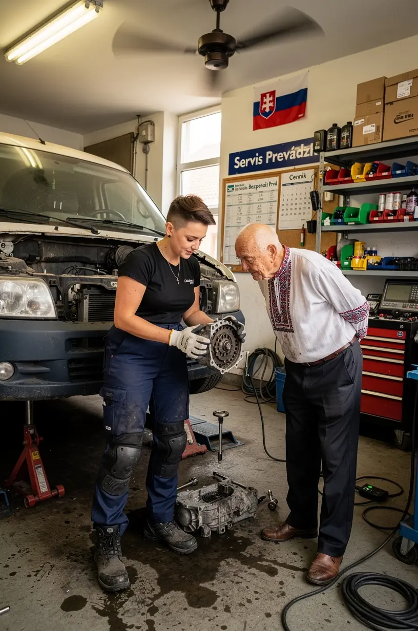 Servisný technik mení pneumatiky na dodávke v autoservise pre malé podniky.